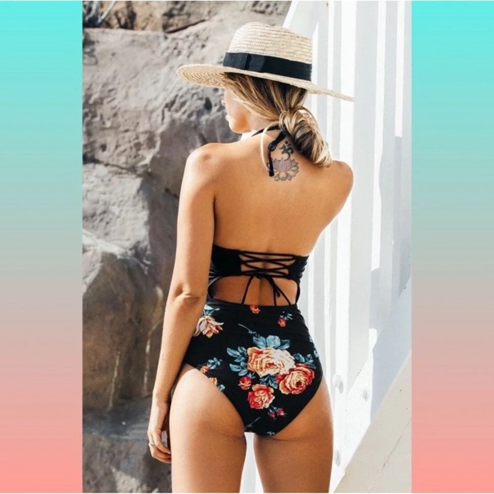 NWT Cupshe Women's Sz M One Peice Bathing Suit‎ Black Floral. Cut Out. Boho